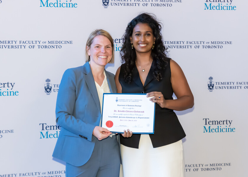 Jennifer Croke, Director of the Radiation Oncology Fellowship Program, presents the graduation certificate to Revadhi Chelvarajah.