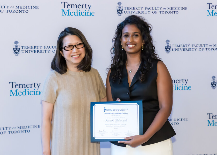 May Tsao, UTDRO Vice Chair of Education, presents Radiation Oncology Fellow Advocacy and Mentorship Award to Revadhi Chelvarajah.